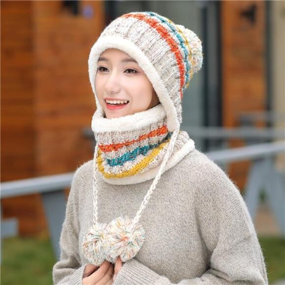 Women Winter Beanie Hat Circle Scarf Set Beige - Picture 4 of 7